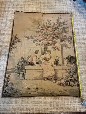 Huge Vintage French Romantic Tapestry Wall Hanging Neutrals 69x49.5